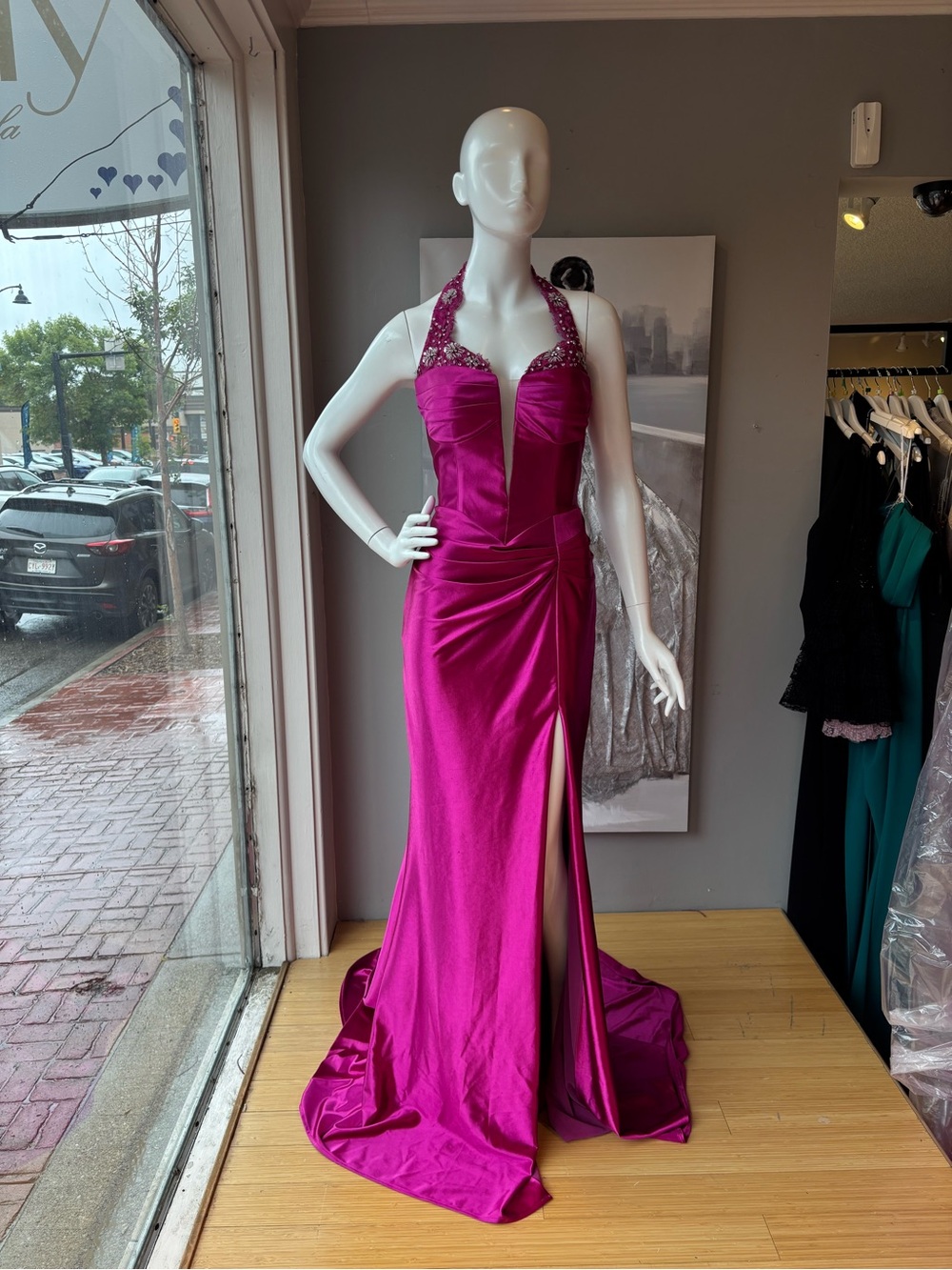 Jovani Fuchsia Halter Prom Gown with Beaded Neckline